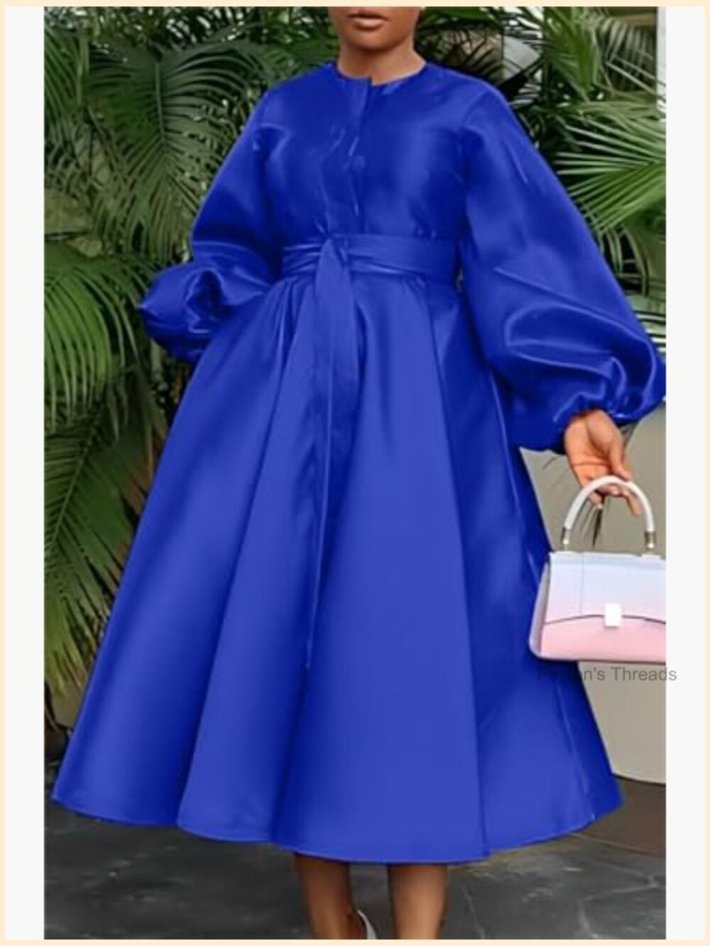 Long Sleeve Satin Dress Button Flowy A Line Formal Cocktail Dress with Belt - Picture 4 of 7